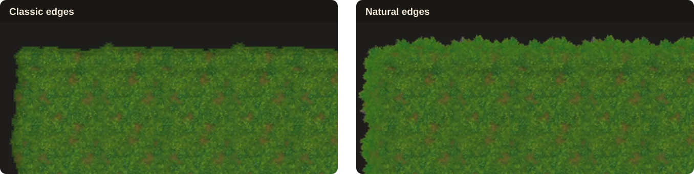 Side-by-side comparison of the same grass terrain with Classic crisp edges and Natural hand-painted edges