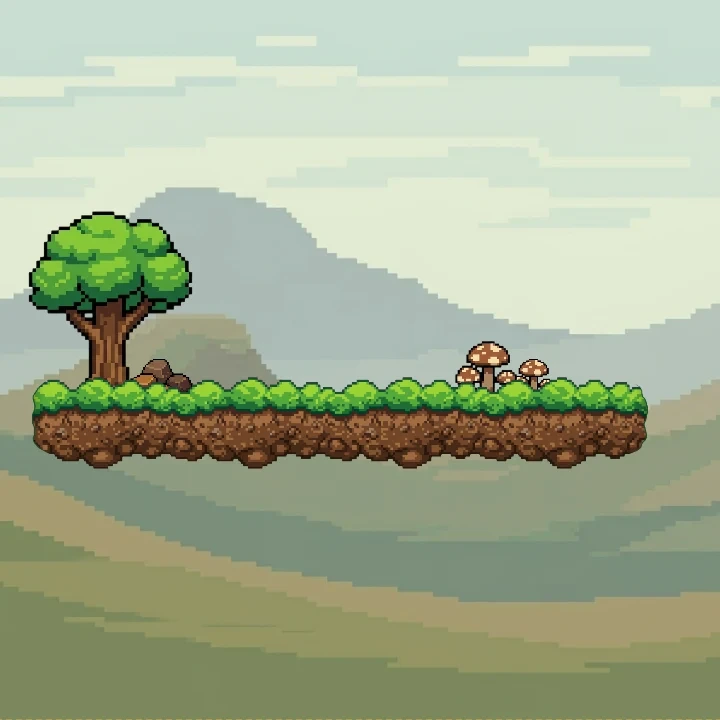 A complete 2D platformer scene assembled from a generated kit: platform, props, and mountain backdrop