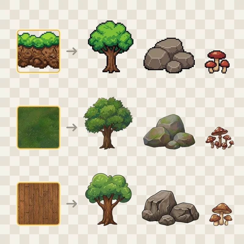 The same props generated in three different art styles from three different reference images