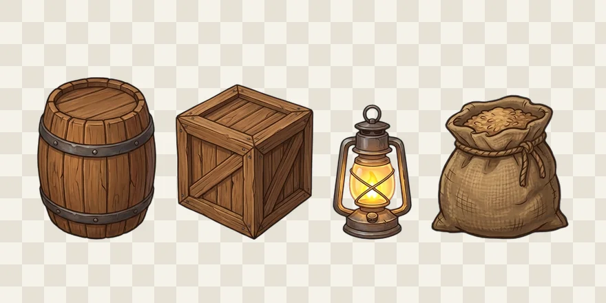 A style-matched tavern prop set: barrel, crate, lantern, and grain sack as transparent PNGs
