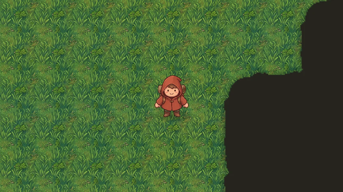 The running Godot scene: a painted island with shaped edges and a player character