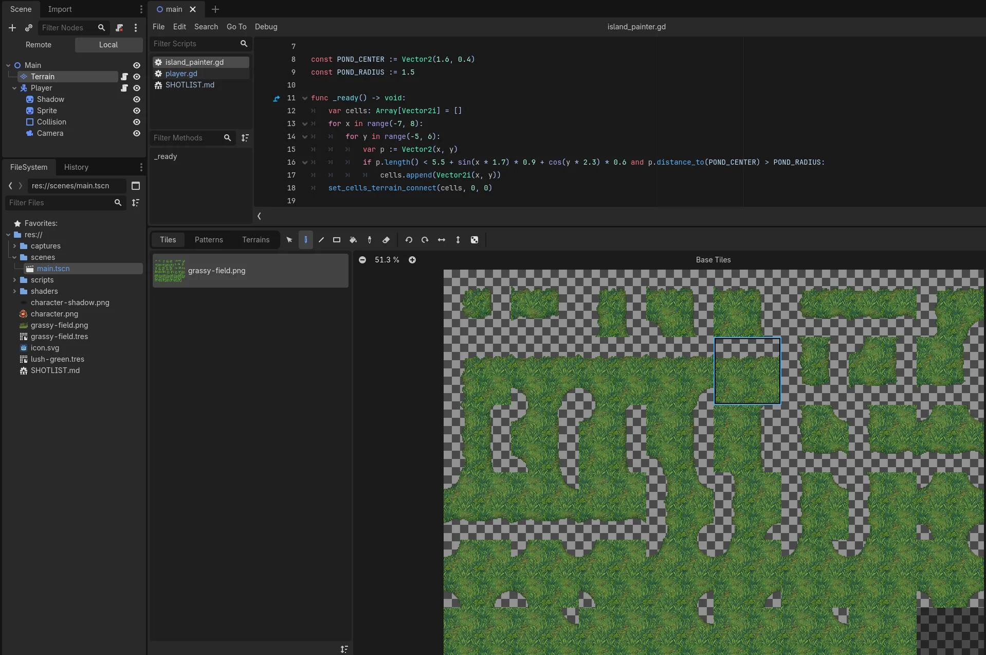 The island painter script open in the Godot script editor, with the sliced tileset atlas in the panel below