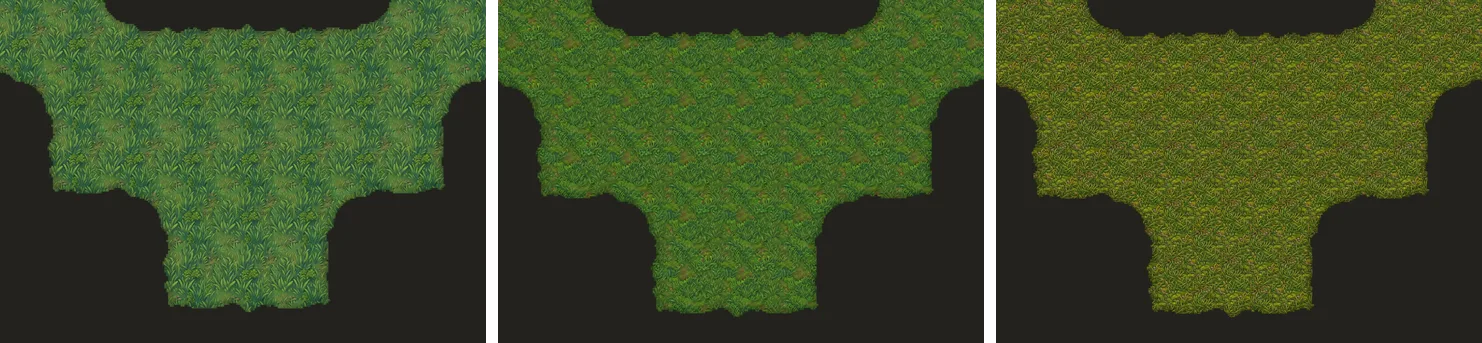 Three AI-generated blob tilesets painted as the same map: lush blades with leafy clumps, a deep muted green, and a fine olive grass