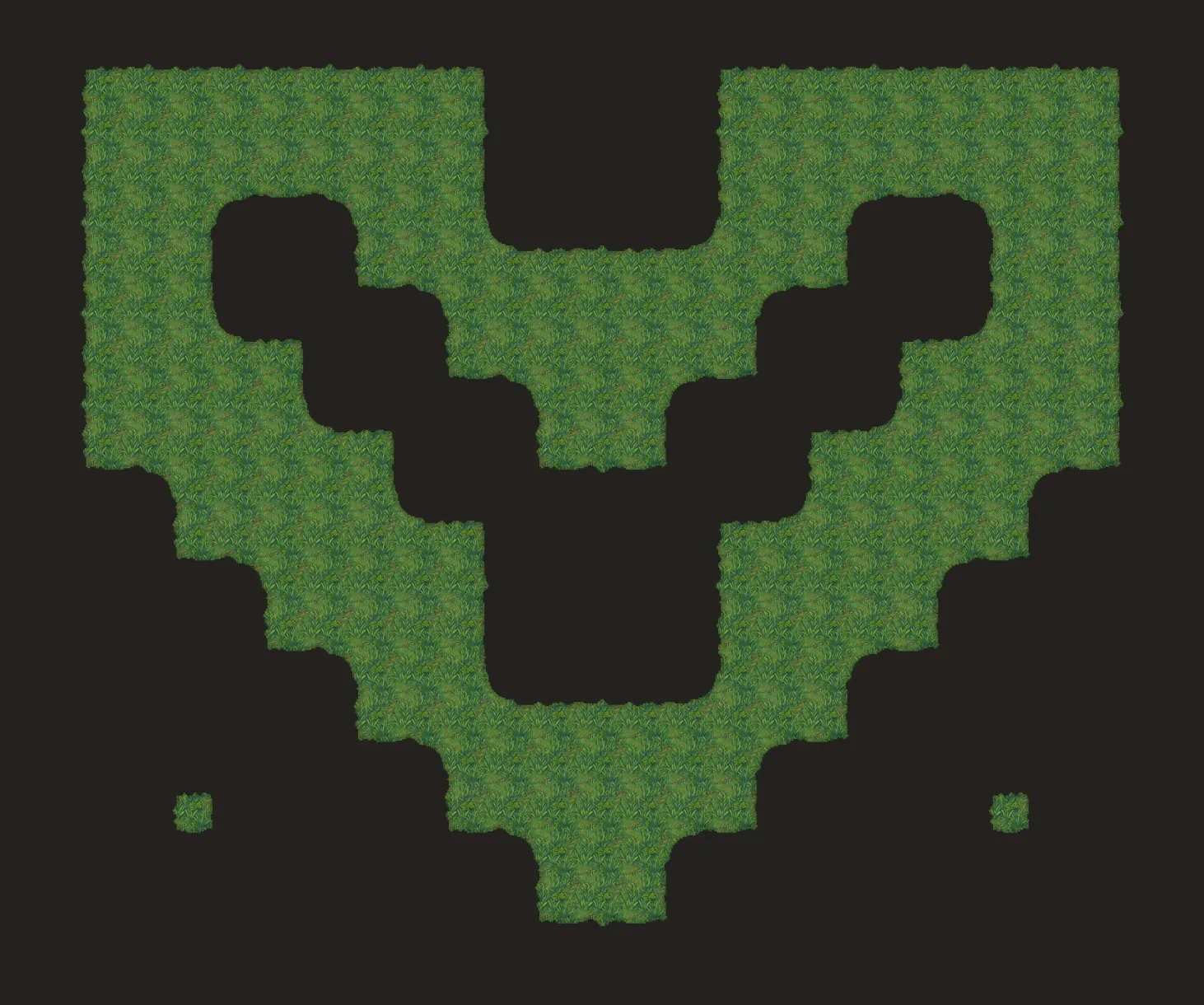 A map painted from a single AI-generated 47-tile blob tileset, with shaped edges on every boundary