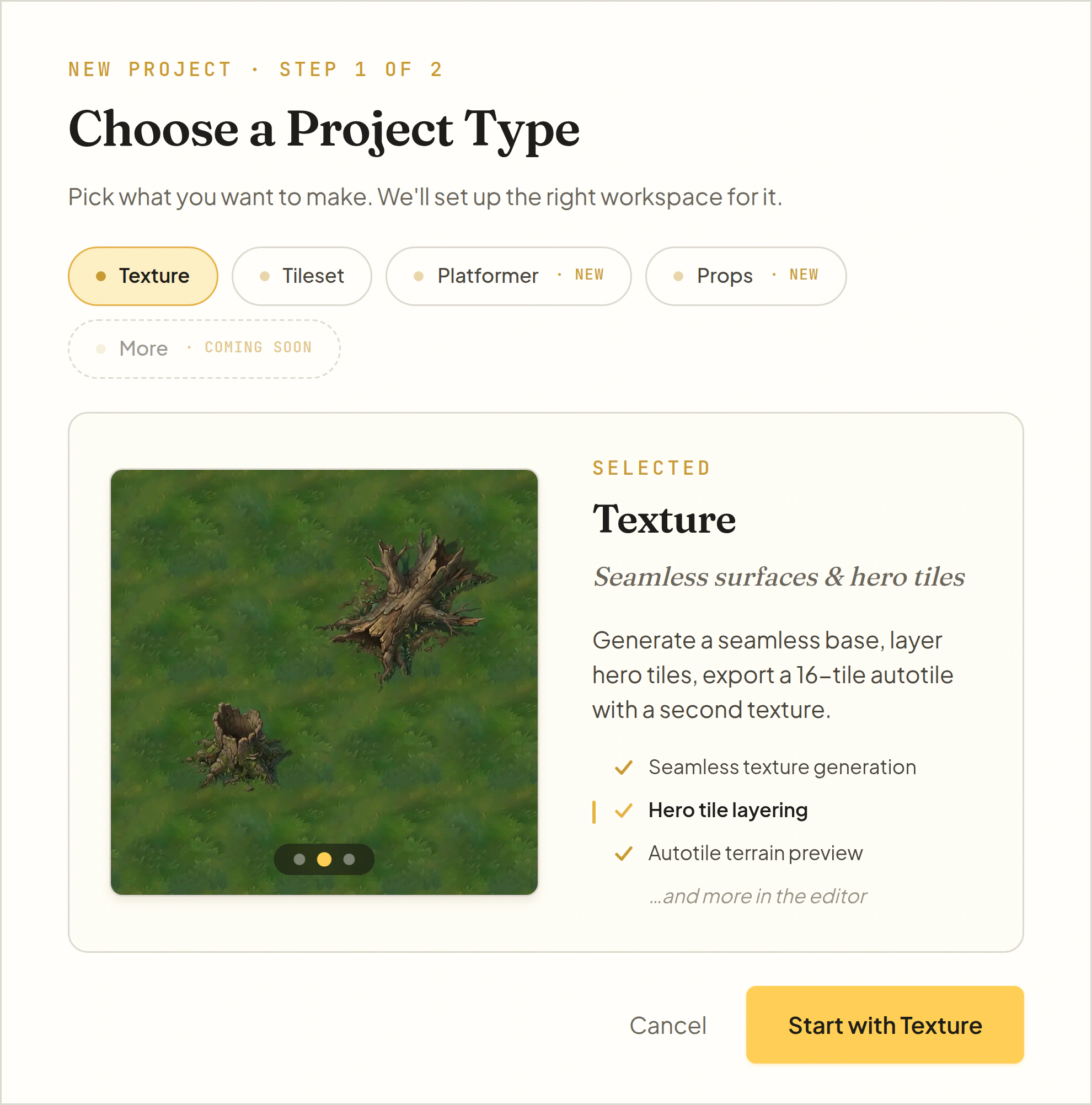 The New Project dialog with four project types: Texture selected, plus Tileset, Platformer, and Props