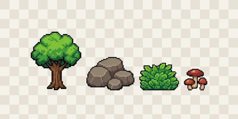 Pixel art props matching a platform: tree, stones, bush, mushrooms