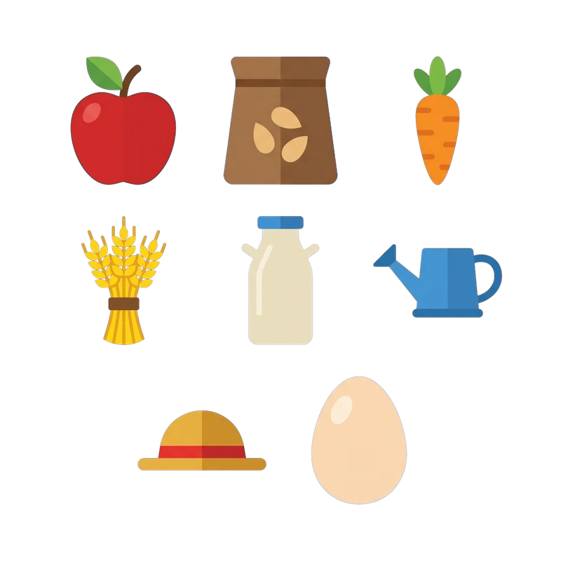 Flat farm icon set: apple, seed bag, carrot, wheat, milk bottle, watering can, straw hat, egg