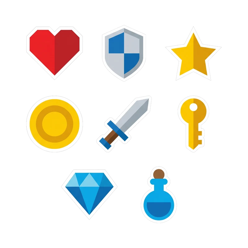 Flat classic game icon set: heart, shield, star, coin, sword, key, gem, potion
